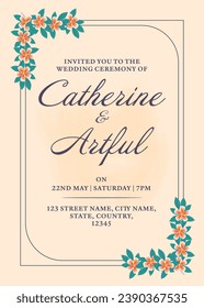 Plain Beige Color Wedding Invitation Template Layout Decorated With Floral.