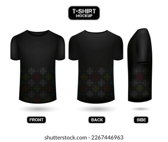 plain black t-shirt design, with batik motif. front, back and side view, 3d style t-shirt mockup vector