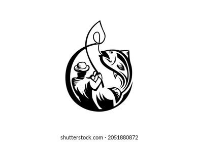 plain black and white fishing illustration logo image