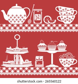 Plain colored tea set with tea cups, teapot, sandwiches, cupcakes, lemon, tea bags and honey jar