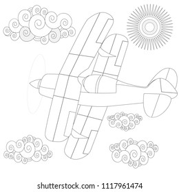 Plain. Coloring image of air plane in the sky. Vector illustration.
