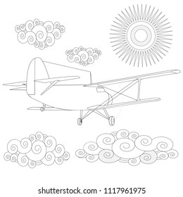 Plain. Coloring image of air plane in the sky. Vector illustration.