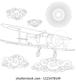 Plain. Coloring image of air plane in the sky. Vector illustration.