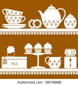 Plain coloured tea set with tea bag, cupcake and cookies - Shutterstock ID 180748688