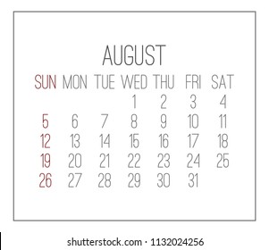 Plain contemporary August 2018 vector white calendar. Week starting from Sunday.