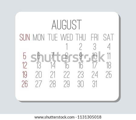 Plain contemporary August year 2018 vector light grey calendar. Week starting from Sunday.