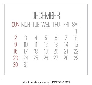 Plain contemporary December year 2018 vector white calendar. Week starting from Sunday.