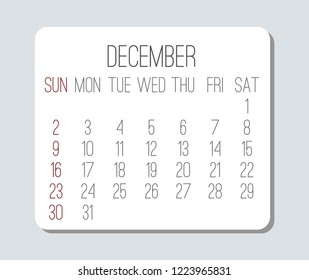 Plain contemporary December year 2018 vector light grey calendar. Week starting from Sunday.