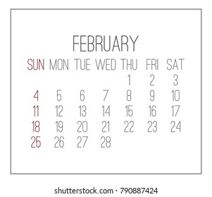 Plain contemporary February year 2018 vector monthly white calendar. Week starting from Sunday.