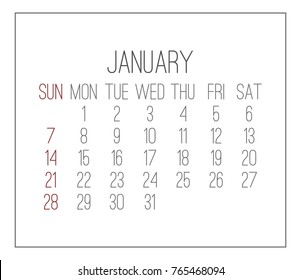Plain contemporary January year 2018 vector white calendar. Week starting from Sunday.