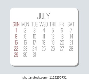 Plain contemporary July year 2018 vector light grey calendar. Week starting from Sunday.