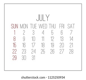 Plain contemporary July year 2018 vector white calendar. Week starting from Sunday.