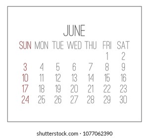 Plain contemporary June year 2018 vector white calendar. Week starting from Sunday.