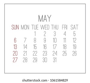 Plain contemporary May year 2018 vector white calendar. Week starting from Sunday.