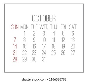 Plain contemporary October year 2018 vector white calendar. Week starting from Sunday.