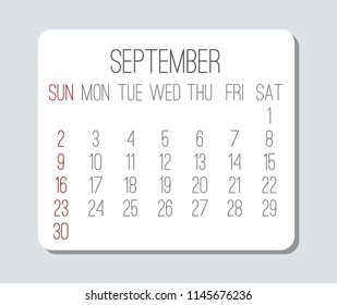 Plain contemporary September year 2018 vector light grey calendar. Week starting from Sunday.