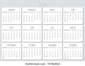 Plain contemporary year 2018 vector monthly light grey calendar. Week starting from Sunday.