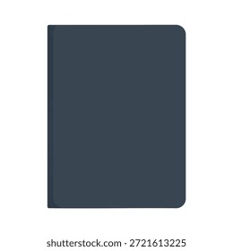 Um notebook azul-escuro claro com cantos arredondados está aberto sobre um fundo branco.