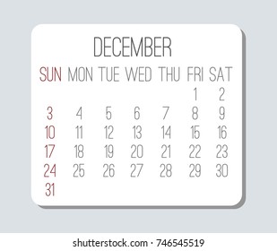 Plain December 2017 vector calendar in white over light gray. Week starting from Sunday.