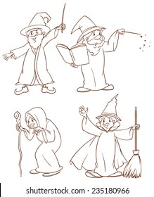 Plain drawing of the four wizards on a white background 