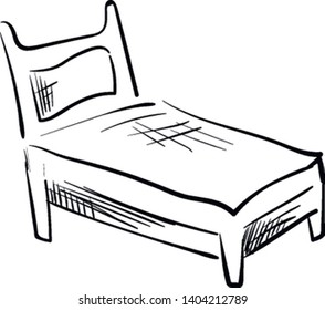 A plain flat bed sketched in black, with headboard, a design, vector, color drawing or illustration. 