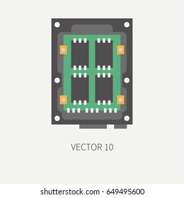 Plain flat color vector computer part icon data storage ssd. Cartoon Digital gaming and business office pc desktop device. Innovation gadget. Tech. Chip. Illustration and element for design, wallpaper