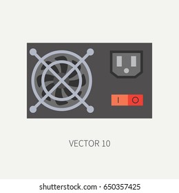 Plain flat color vector computer part icon, power supply. Cartoon. Digital gaming and business office pc desktop device. Innovation gadget. Hardware. Fan. Illustration and element for design, wallpaper