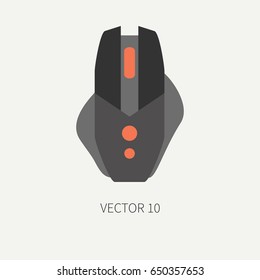 Plain flat color vector computer part icon, mouse. Cartoon. Digital gaming and business office pc desktop device. Innovation gadget. Scroll. Internet. Illustration and element for design and wallpaper.