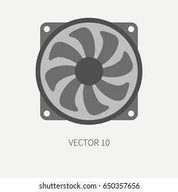 Plain flat color vector computer part icon, cooling fan. Cartoon. Digital gaming and business office pc desktop device. Innovation gadget. Hardware. Flow. Illustration and element for design, wallpaper