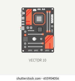 Plain flat color vector computer part icon motherboard. Cartoon. Digital gaming and business office pc desktop device. Innovation gadget. Graphic chip. Illustration and element for design, wallpaper.