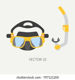 Plain flat color vector diver underwater equipment icon diver mask and snorkel. Retro style. Ocean deep, sea beach. Summer adventure vacation. Scuba aqualung. Illustration element for design wallpaper