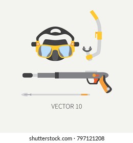 Plain flat color vector underwater equipment icon diver mask, snorkel, harpoon gun. Retro. Ocean deep, sea beach. Summer adventure vacation. Scuba aqualung. Illustration element for design, wallpaper.