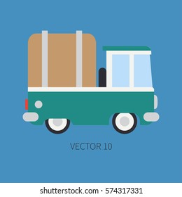 Plain flat vector color icon service staff car. Commercial vehicle. Cartoon vintage style. Cargo transportation. Pickup rural truck. Awning capacity auto. Road. Illustration, element for your design.