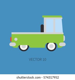 Plain flat vector color icon service staff car. Commercial vehicle. Cartoon vintage style. Cargo transportation. Pickup rural truck. Tow auto. Simple. Childly. Illustration and element for design.