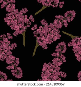 Plain floral drawing. Blooming lilac flowers in vintage style. Elegant seamless botanical pattern made of spring flowers. Nature ornament for textile, fabric, wallpaper, surface design.