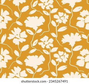 Plain floral drawing. flowers hand drawn seamless pattern. ink brush texture. Silhouettes of blooming flowers in vintage style. 