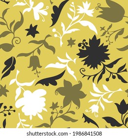 Plain floral drawing. Multi colored silhouettes of blooming flowers and plants in vintage style. Elegant seamless botanical pattern made of spring flowers. Nature ornament for textile and fabric.