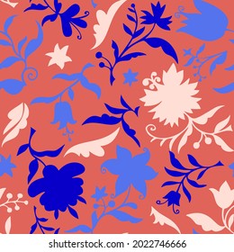 Plain floral drawing. Multi colored silhouettes of blooming flowers and plants in vintage style. Elegant seamless botanical pattern made of spring flowers. Nature ornament for textile and fabric.