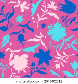 Plain floral drawing. Multi colored silhouettes of blooming flowers and plants in vintage style. Elegant seamless botanical pattern made of spring flowers. Nature ornament for textile and fabric.