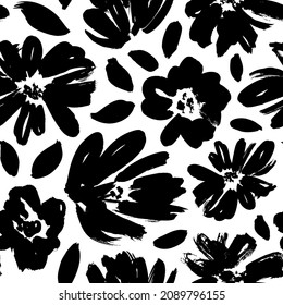 Plain floral drawing seamless pattern. Silhouettes of blooming black flowers. Elegant botanical pattern made of spring flowers. Hand drawn fabric, gift wrap, wall design. Nature ornament for textile