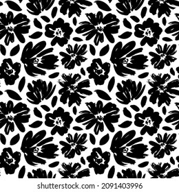 Plain floral drawing seamless pattern. Silhouettes of blooming black flowers. Elegant botanical pattern made of spring flowers. Hand drawn fabric, gift wrap, wall design. Nature ornament for textile