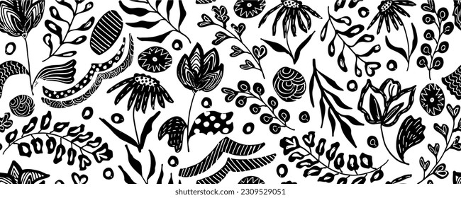 Plain floral drawing seamless pattern. Silhouettes of blooming black flowers. Elegant botanical pattern made of spring flowers. Hand drawn fabric, gift wrap, wall design. Nature ornament for textile