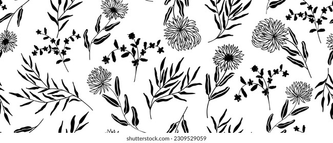 Plain floral drawing seamless pattern. Silhouettes of blooming black flowers. Elegant botanical pattern made of spring flowers. Hand drawn fabric, gift wrap, wall design. Nature ornament for textile