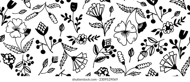 Plain floral drawing seamless pattern. Silhouettes of blooming black flowers. Elegant botanical pattern made of spring flowers. Hand drawn fabric, gift wrap, wall design. Nature ornament for textile
