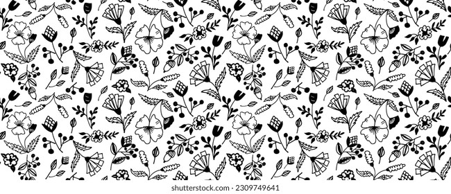 Plain floral drawing seamless pattern. Silhouettes of blooming black flowers. Elegant botanical pattern made of spring flowers. Hand drawn fabric, gift wrap, wall design. Nature ornament for textile