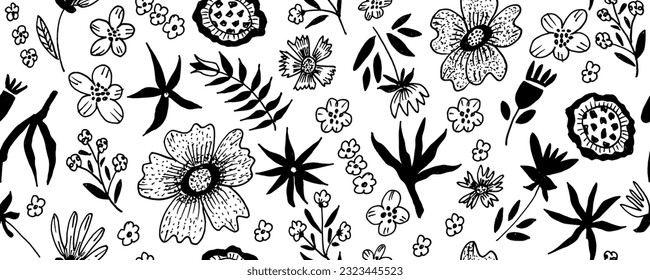 Plain floral drawing seamless pattern. Silhouettes of blooming black flowers. Elegant botanical pattern made of spring flowers. Hand drawn fabric, gift wrap, wall design. Nature ornament for textile