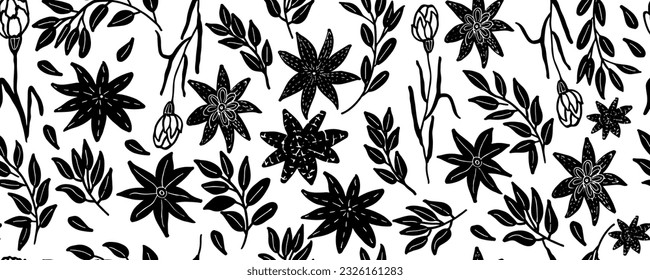 Plain floral drawing seamless pattern. Silhouettes of blooming black flowers. Elegant botanical pattern made of spring flowers. Hand drawn fabric, gift wrap, wall design. Nature ornament for textile