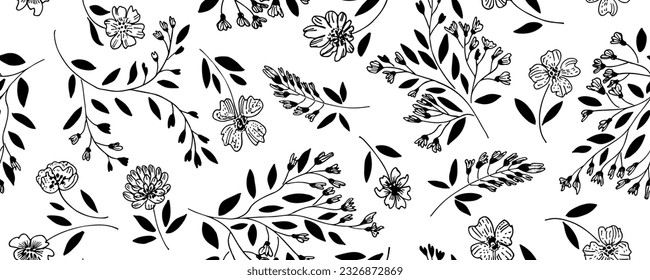Plain floral drawing seamless pattern. Silhouettes of blooming black flowers. Elegant botanical pattern made of spring flowers. Hand drawn fabric, gift wrap, wall design. Nature ornament for textile