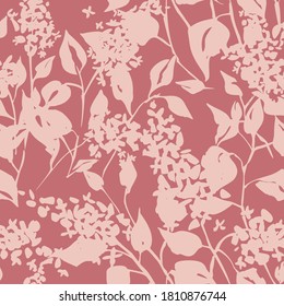 Plain Floral Drawing. Silhouettes Of Blooming Lilac Flowers In Vintage Style. Elegant Seamless Botanical Pattern Made Of Spring Flowers. Nature Ornament For Textile, Fabric, Wallpaper, Surface Design.