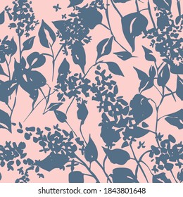 Plain floral drawing. Silhouettes of blooming lilac flowers in vintage style. Elegant seamless botanical pattern made of spring flowers. Nature ornament for textile, fabric, wallpaper, surface design.
